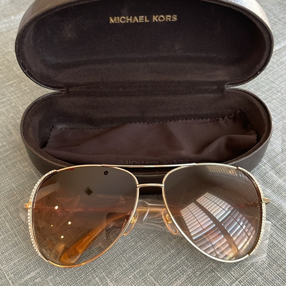 Michael Kors Gold Sadie Aviator Sunglasses with Crystals